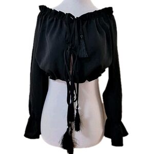 Pretty Little Thing Tie Front Blouse Size 8 Black With Tassels